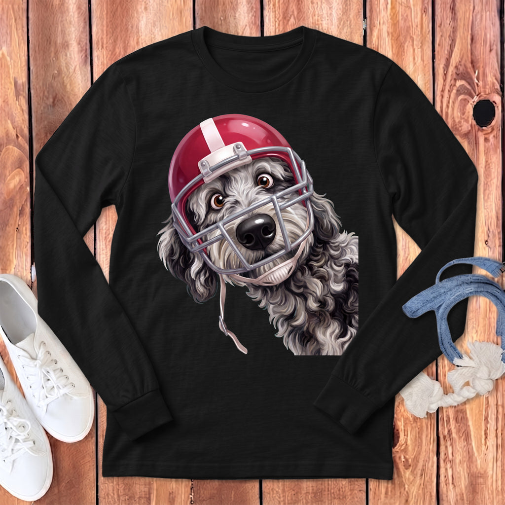 Black long-sleeve t-shirt featuring a doodle dog wearing a red and white football helmet.