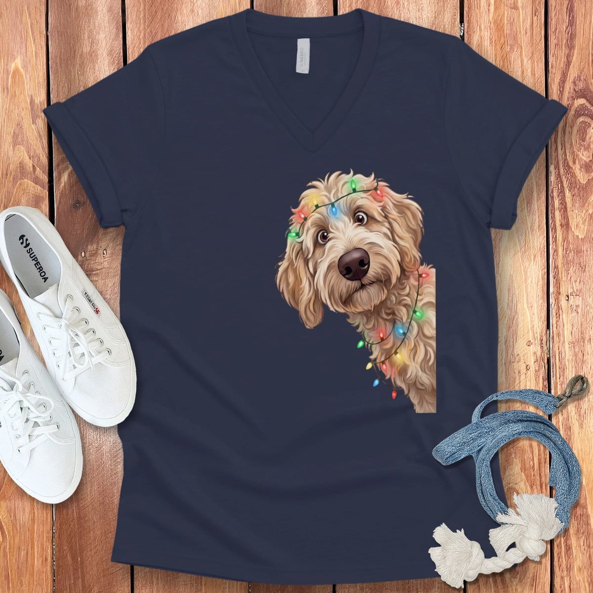Peeking Apricot Goldendoodle Holiday V-Neck T-Shirt in Navy / S by Puppy Jo
