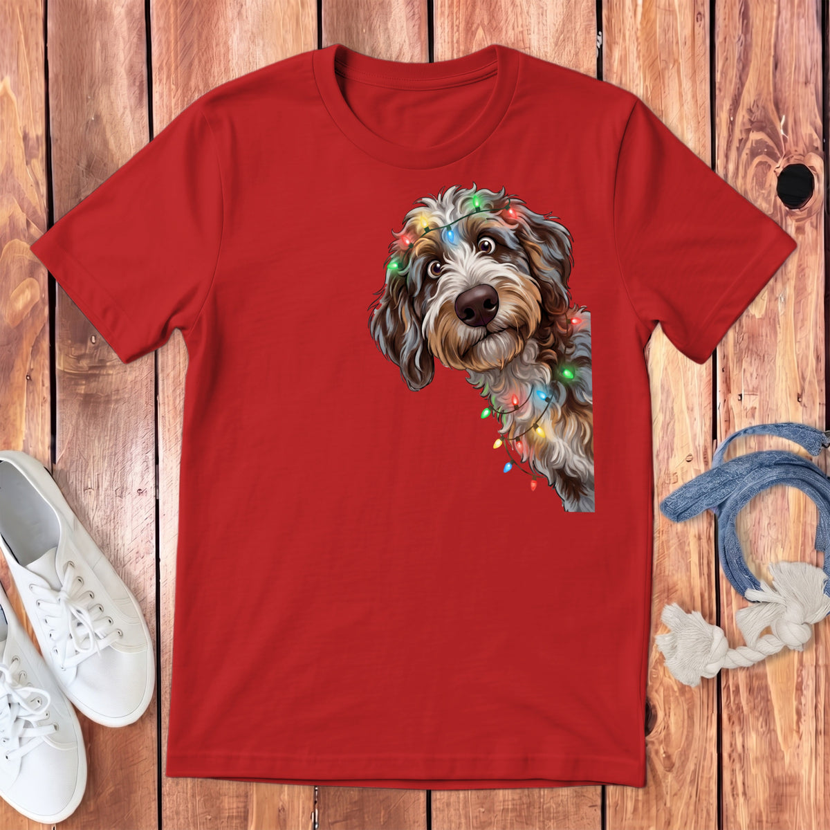 Red t-shirt with a cartoon dog peeking out, wrapped in colorful Christmas lights.