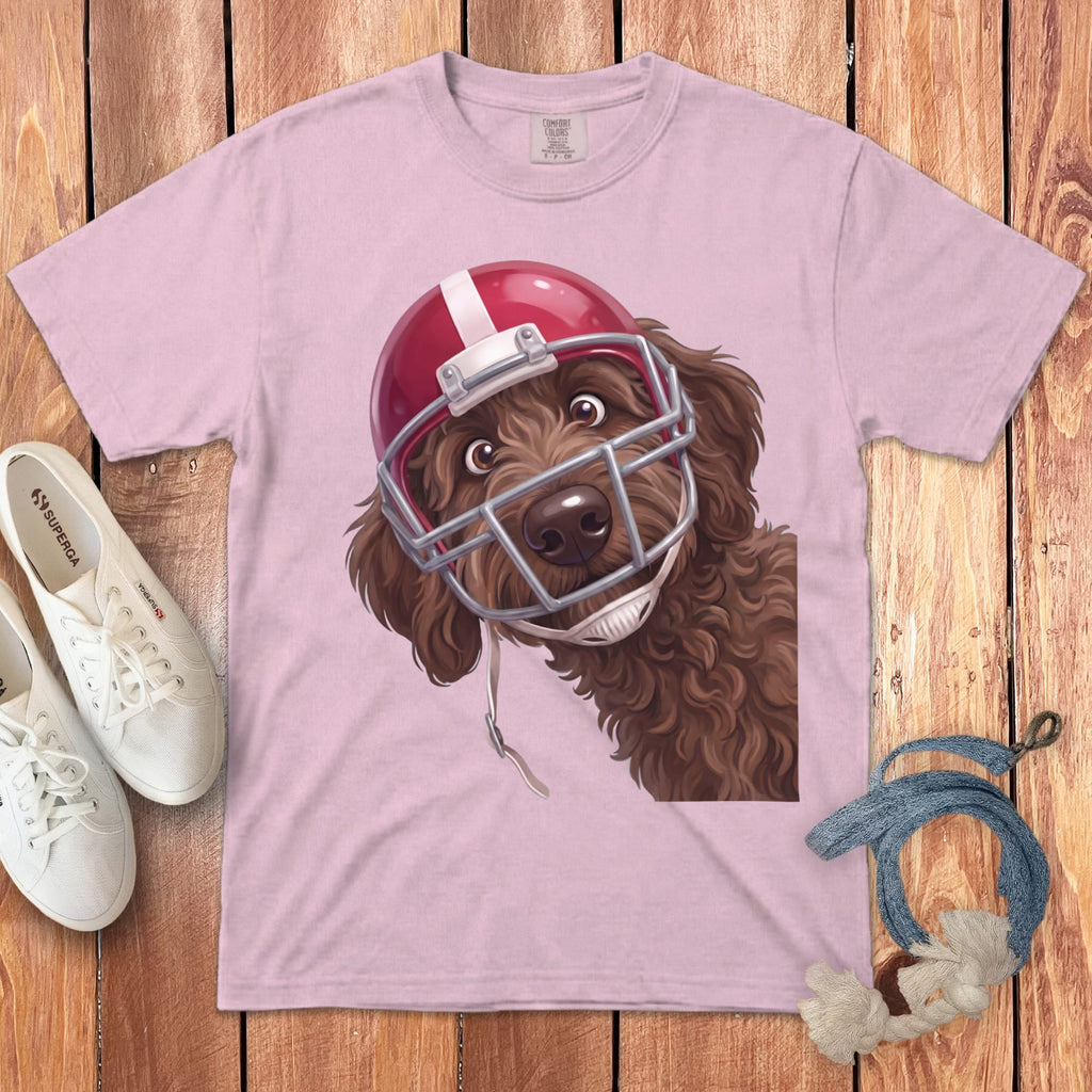 Chocolate Goldendoodle Football Helmet Signature T-Shirt in Blossom / S by Puppy Jo