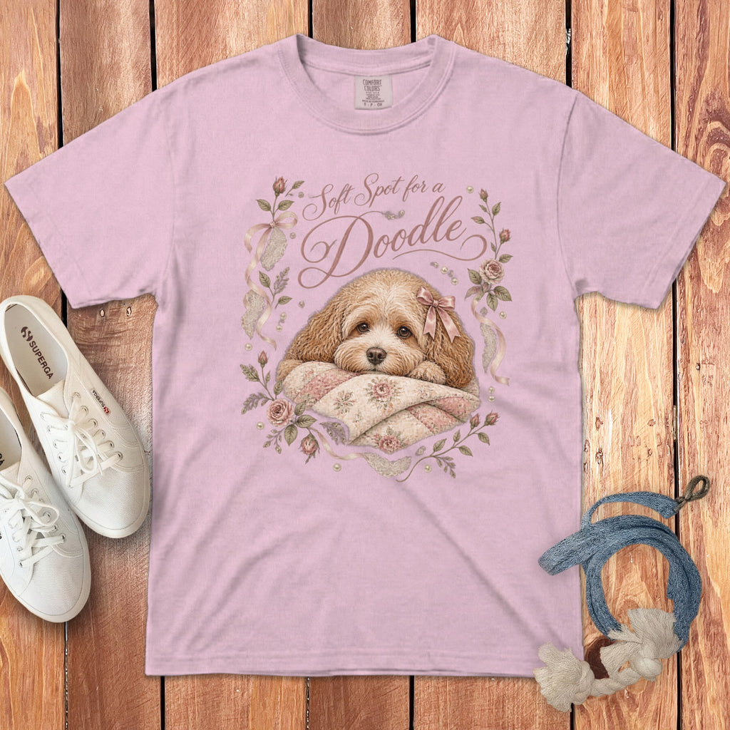 Pink t-shirt with "Soft Spot for a Doodle" text and dog illustration.