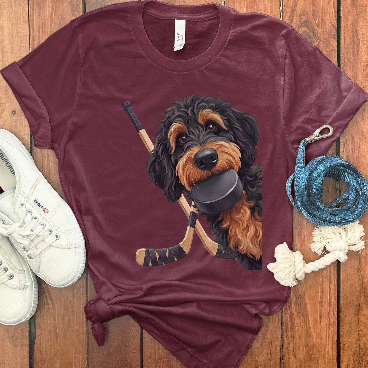 Phantom Goldendoodle Hockey T-Shirt in Maroon / S by Puppy Jo