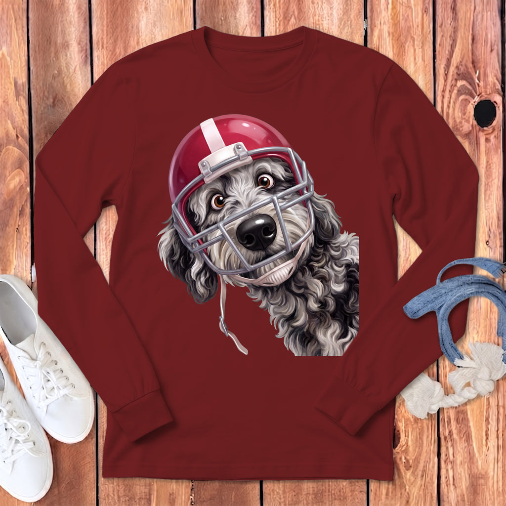 Maroon long-sleeve shirt with a doodle dog wearing a red football helmet and face mask.