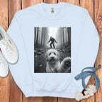 Bigfoot Photobombing Dog in Forest Fun Sweatshirt Product