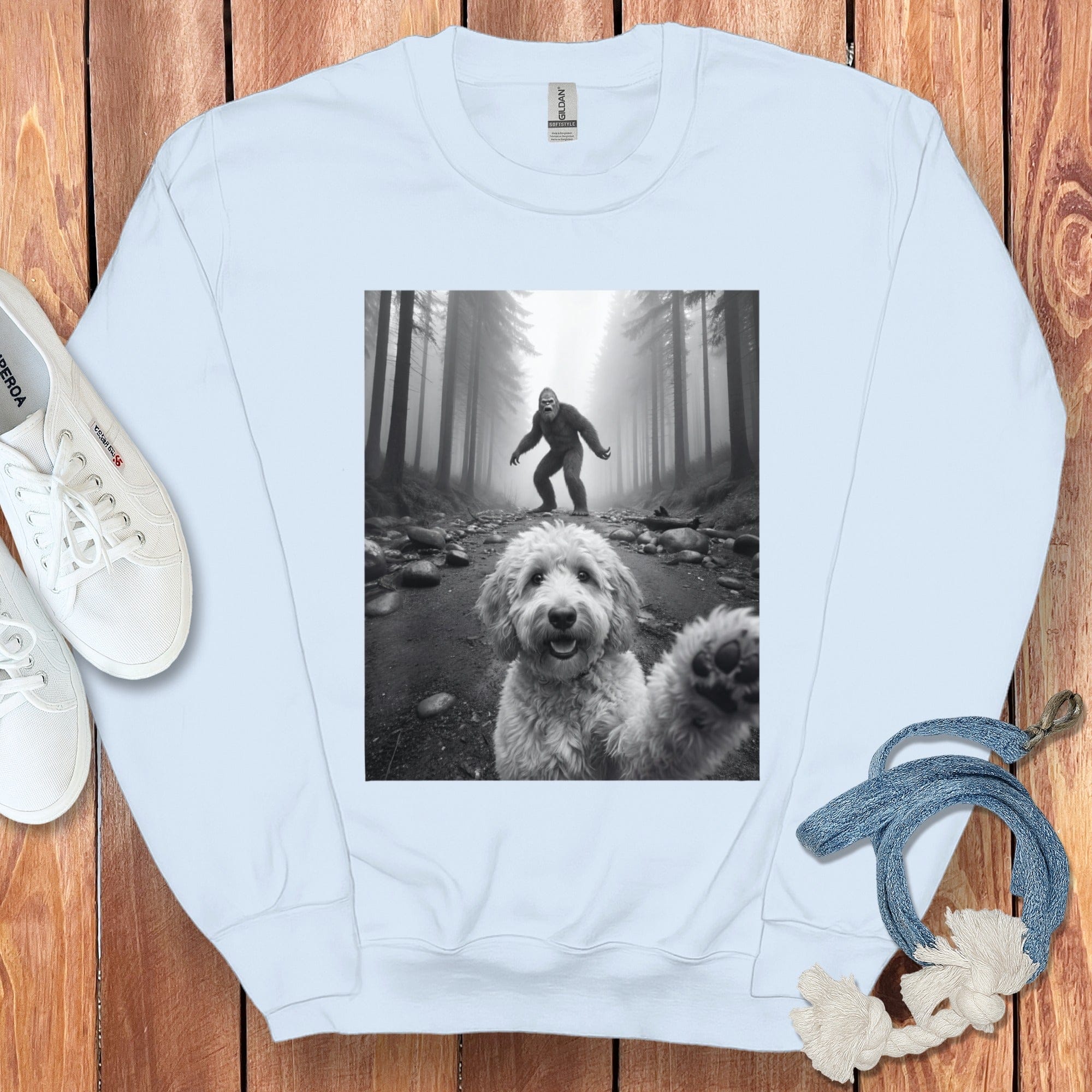 Bigfoot Photobombing Dog in Forest Fun Sweatshirt Product