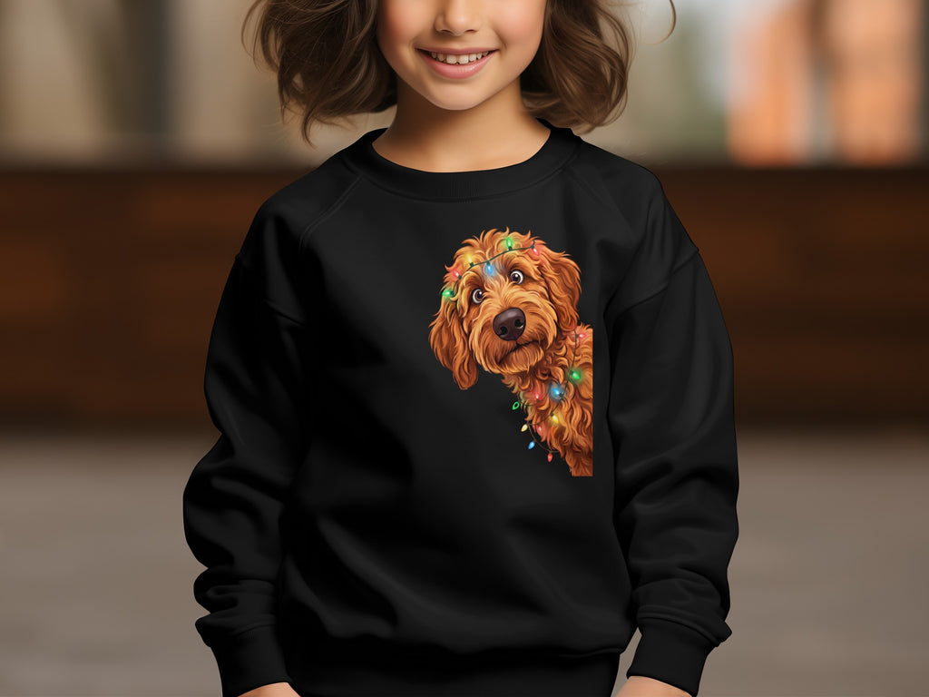 Black sweatshirt with a brown doodle dog peeking out, wearing string lights.