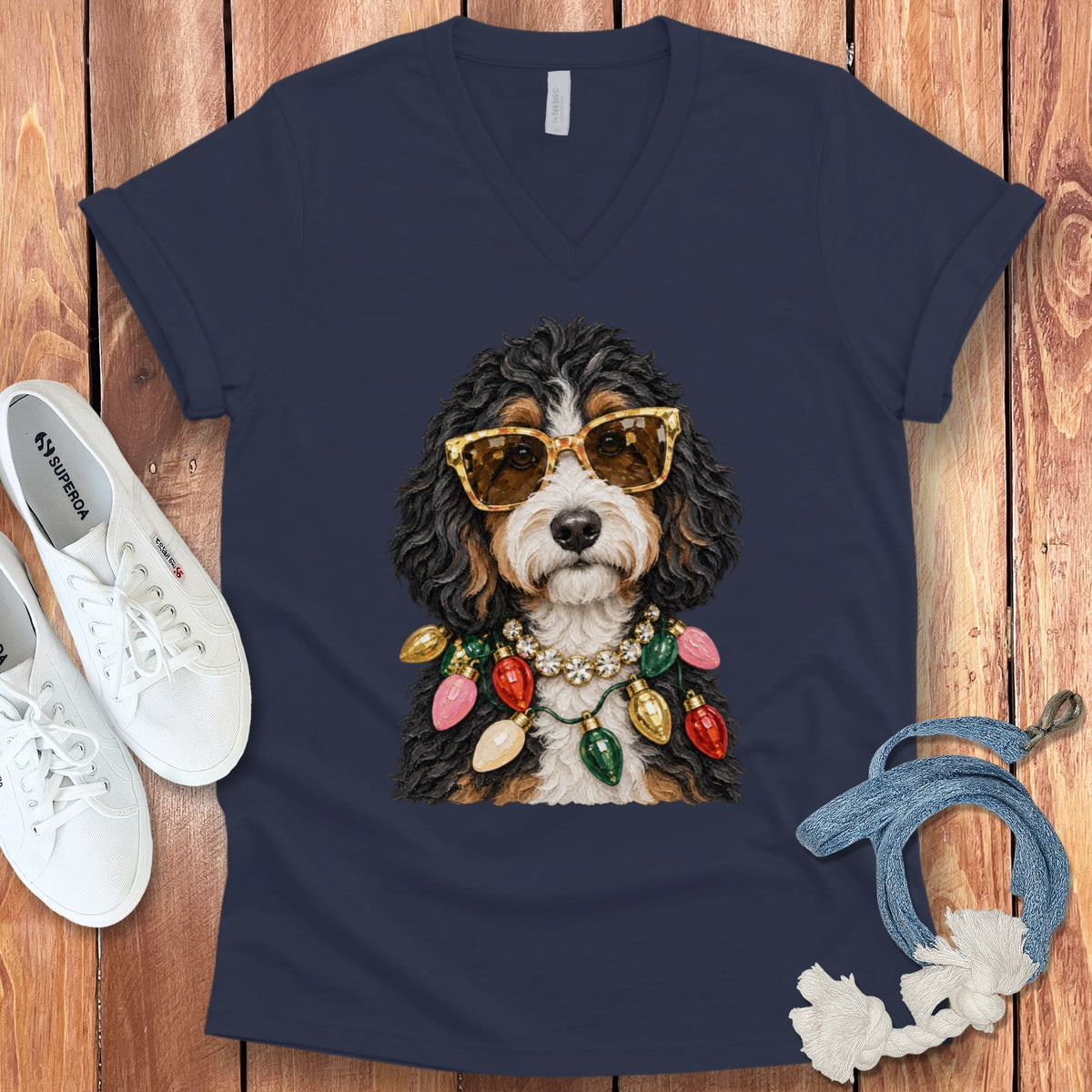 Bernedoodle Christmas Glam V-Neck T-Shirt in Navy / S by Puppy Jo