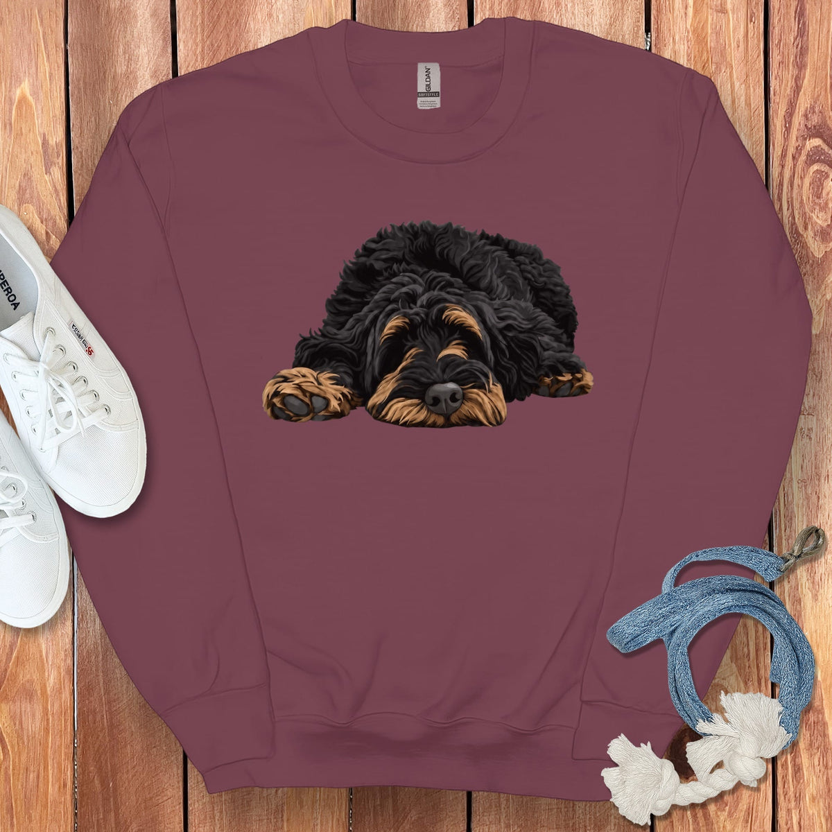 Phantom Goldendoodle Snoozing Sweatshirt in Maroon / S by Puppy Jo