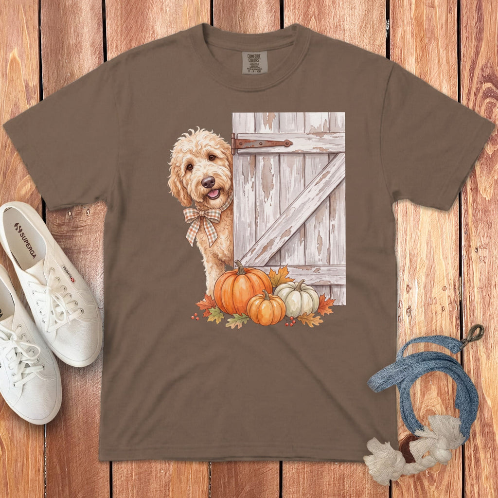 Brown t-shirt with doodle peeking from behind a rustic door with pumpkins.
