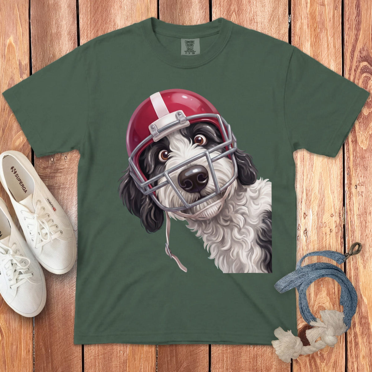 Sheepadoodle Football Helmet Signature T-Shirt in Blue Spruce / S by Puppy Jo