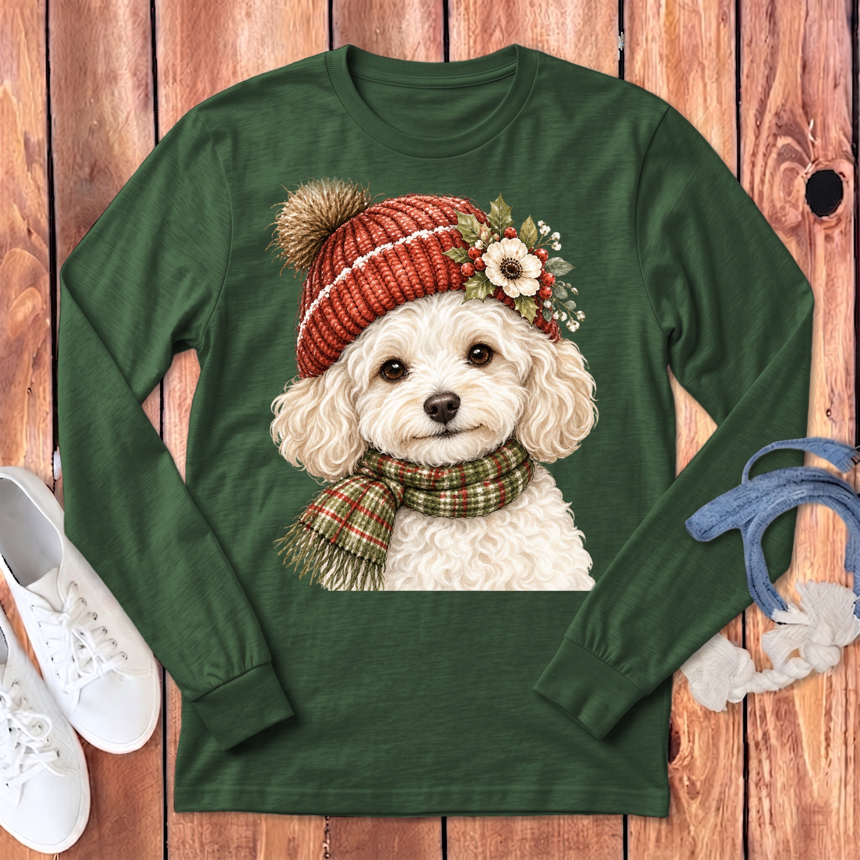 Green long-sleeve shirt with a printed fluffy white dog wearing a red knit hat.
