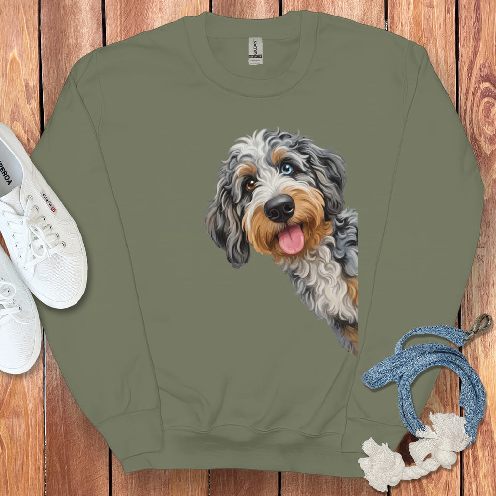 Tongue Out Aussiedoodle Sweatshirt in Military Green / S by Puppy Jo