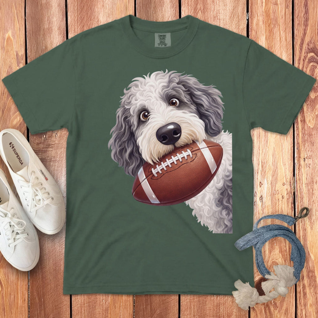 Doodle dog holding a football on a dark green t-shirt.