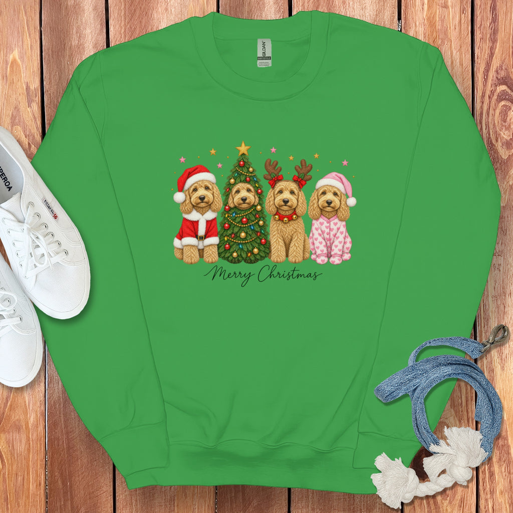 Bright green crewneck sweatshirt featuring a graphic of four doodle dogs in Christmas costumes with Merry Christmas text.