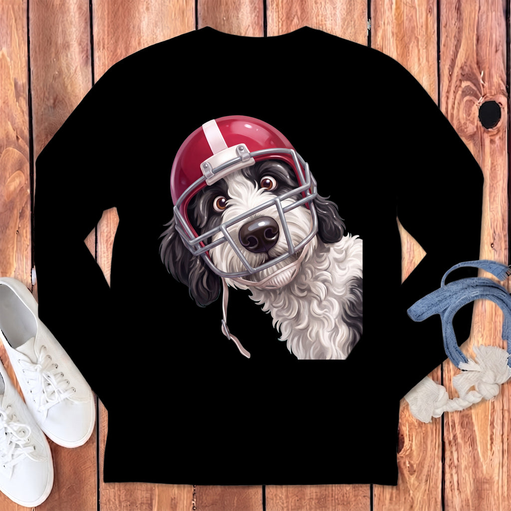 Black long sleeve shirt featuring a cartoon black and white dog in a red football helmet.