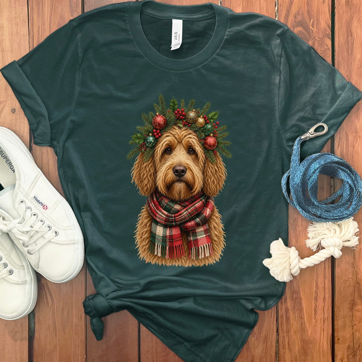 Golden Goldendoodle Holiday Crown T-Shirt in Forest / S by Puppy Jo