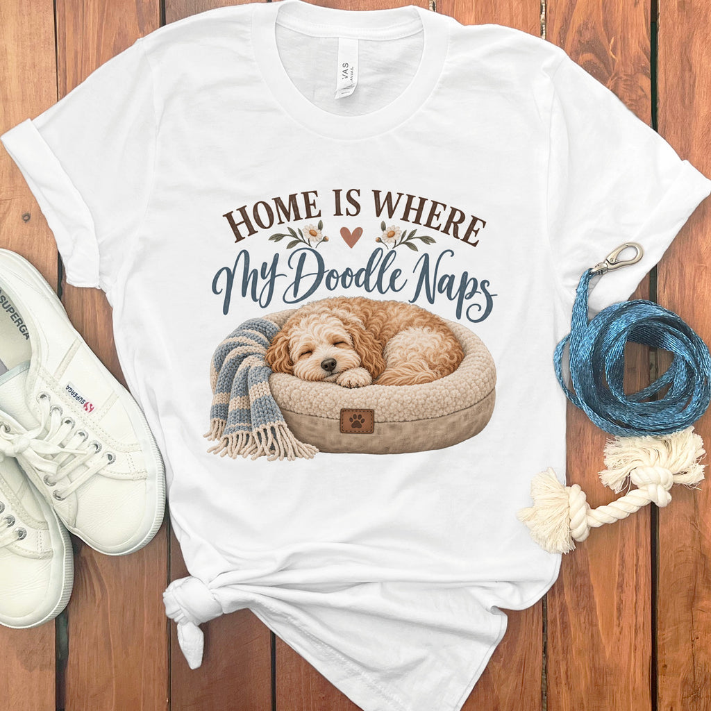 White t-shirt with "HOME IS WHERE My Doodle Naps" text and a sleeping doodle dog.