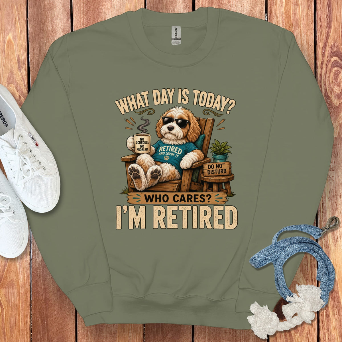 I'm Retired Parti Goldendoodle Sweatshirt in Military Green / S by Puppy Jo