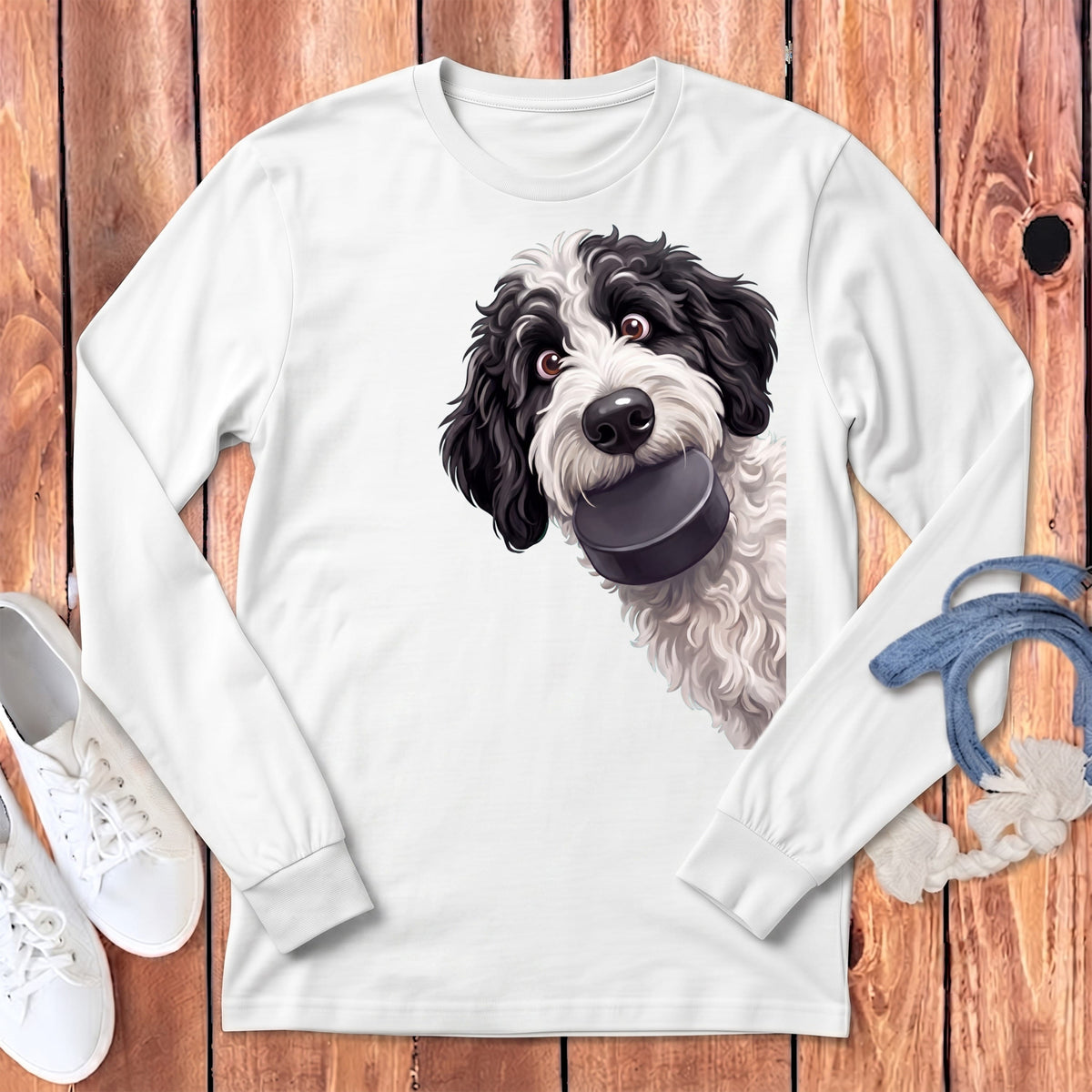 Sheepadoodle Hockey Puck Long Sleeve T-Shirt in White / S by Puppy Jo
