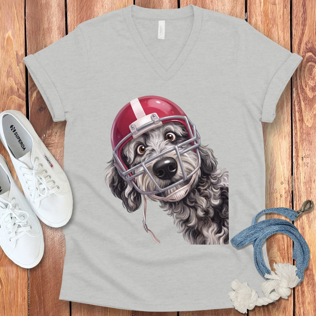 Merle Goldendoodle Football Helmet V-Neck T-Shirt in Athletic Heather / S by Puppy Jo