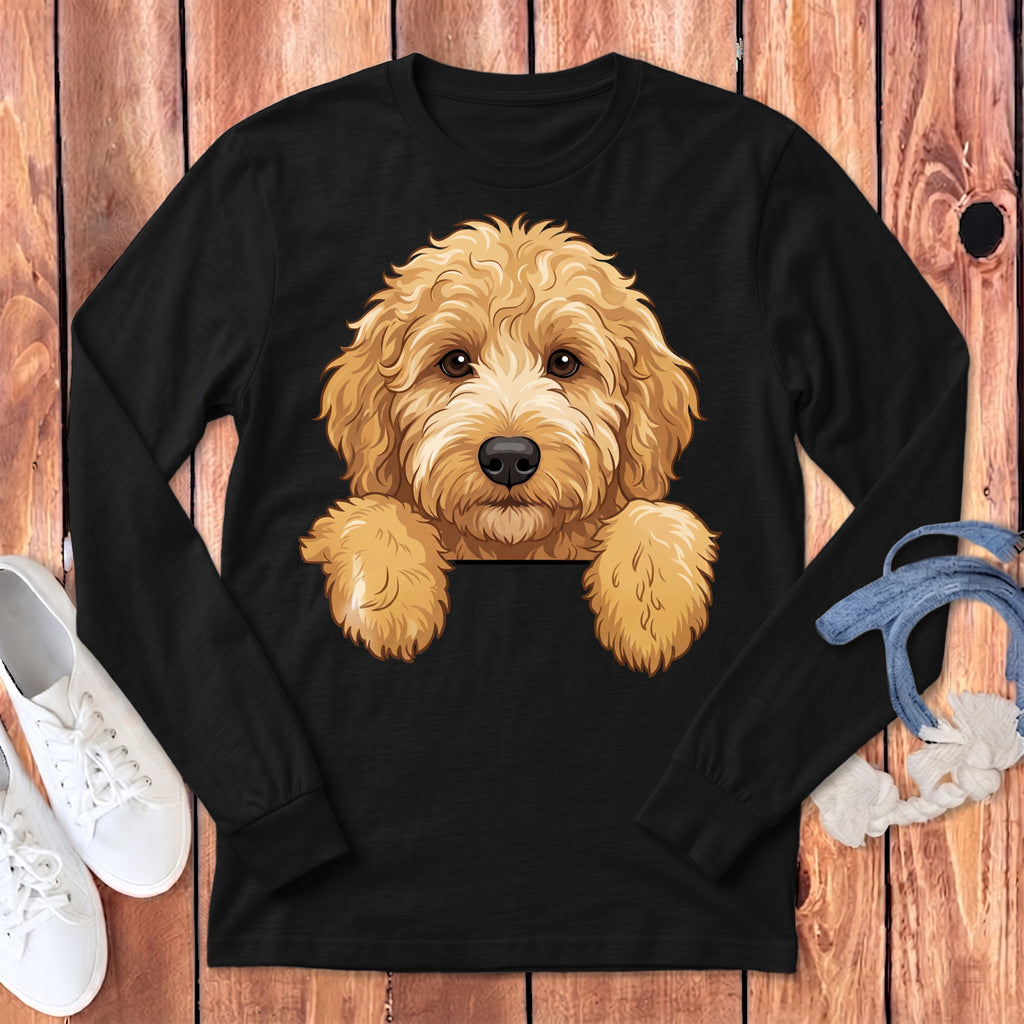 Black long-sleeve shirt with a goldendoodle dog graphic on the chest.
