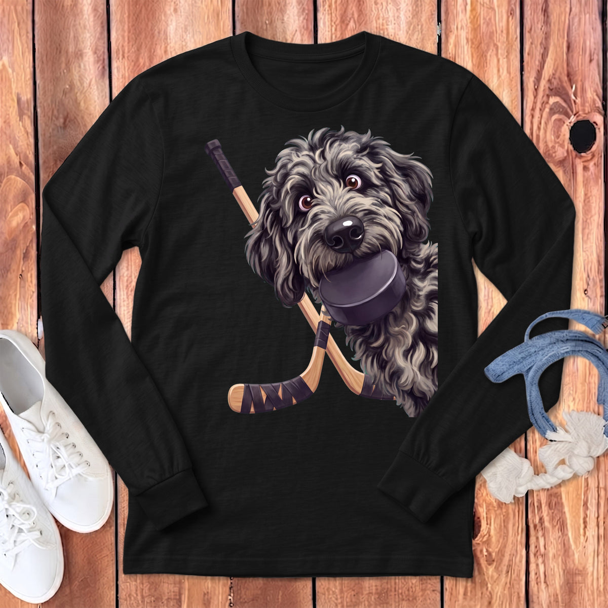 Merle Goldendoodle Hockey Long Sleeve T-Shirt in Dark Grey Heather / S by Puppy Jo