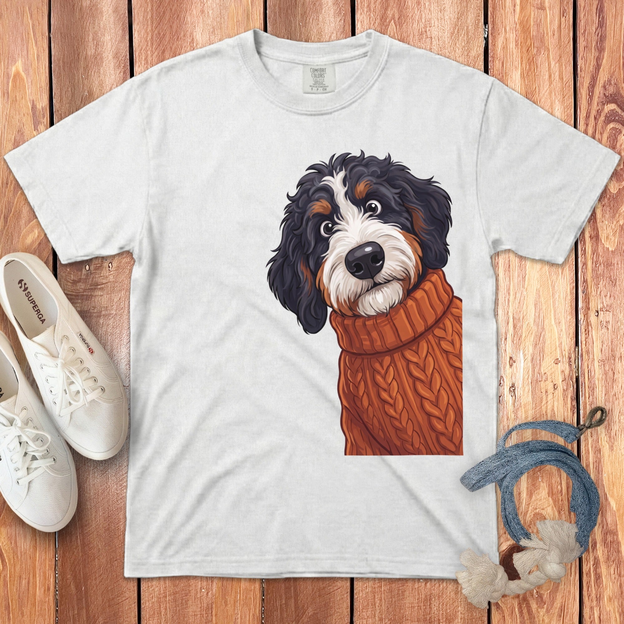 White T-shirt with a cartoon Bernese Mountain Dog wearing an orange knitted sweater.