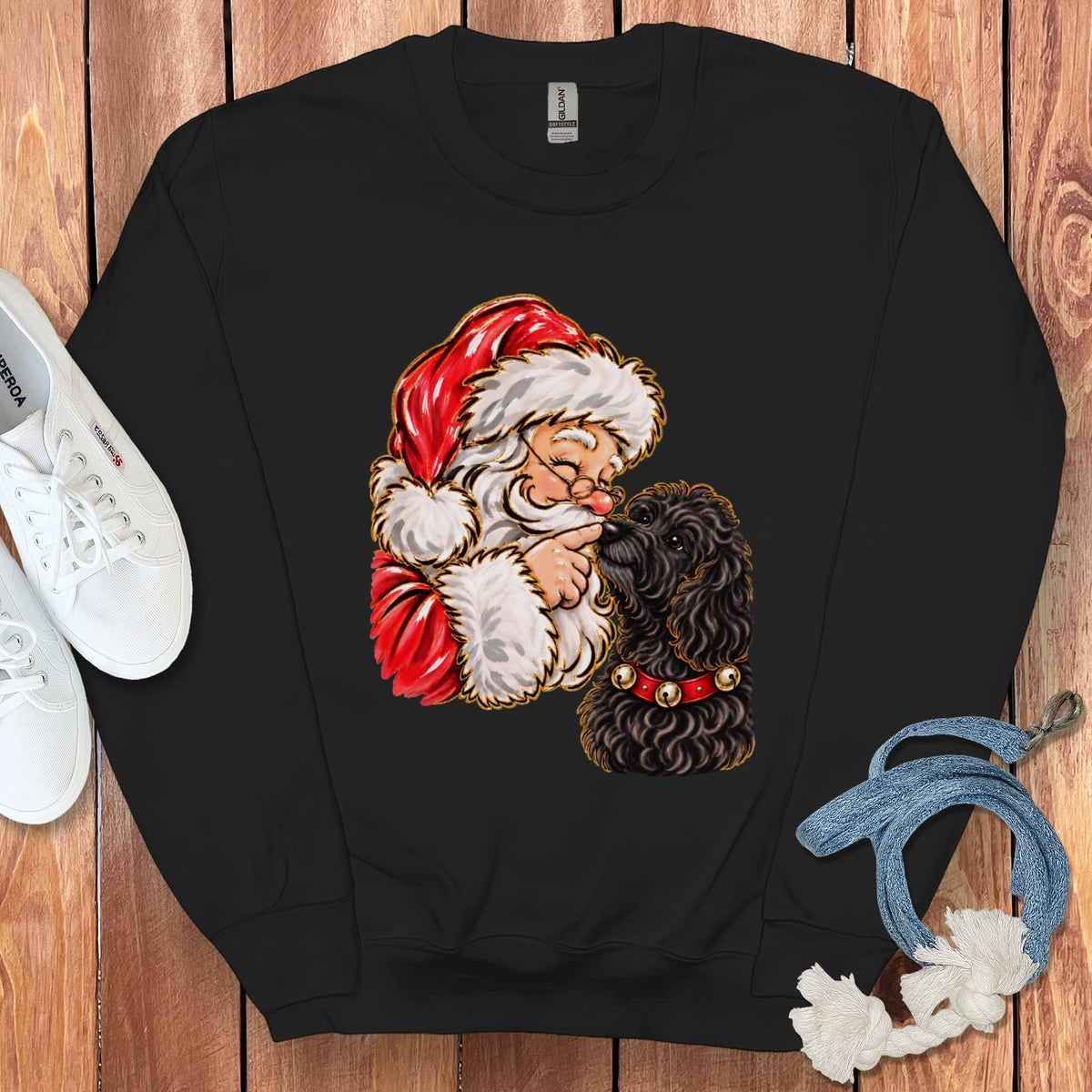 Black Goldendoodle Santa Kiss Sweatshirt in Black / S by Puppy Jo