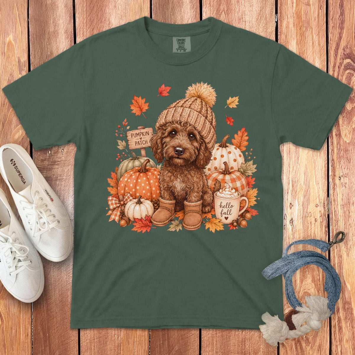 Chocolate Goldendoodle Pumpkin Patch Signature T-Shirt in Blue Spruce / S by Puppy Jo