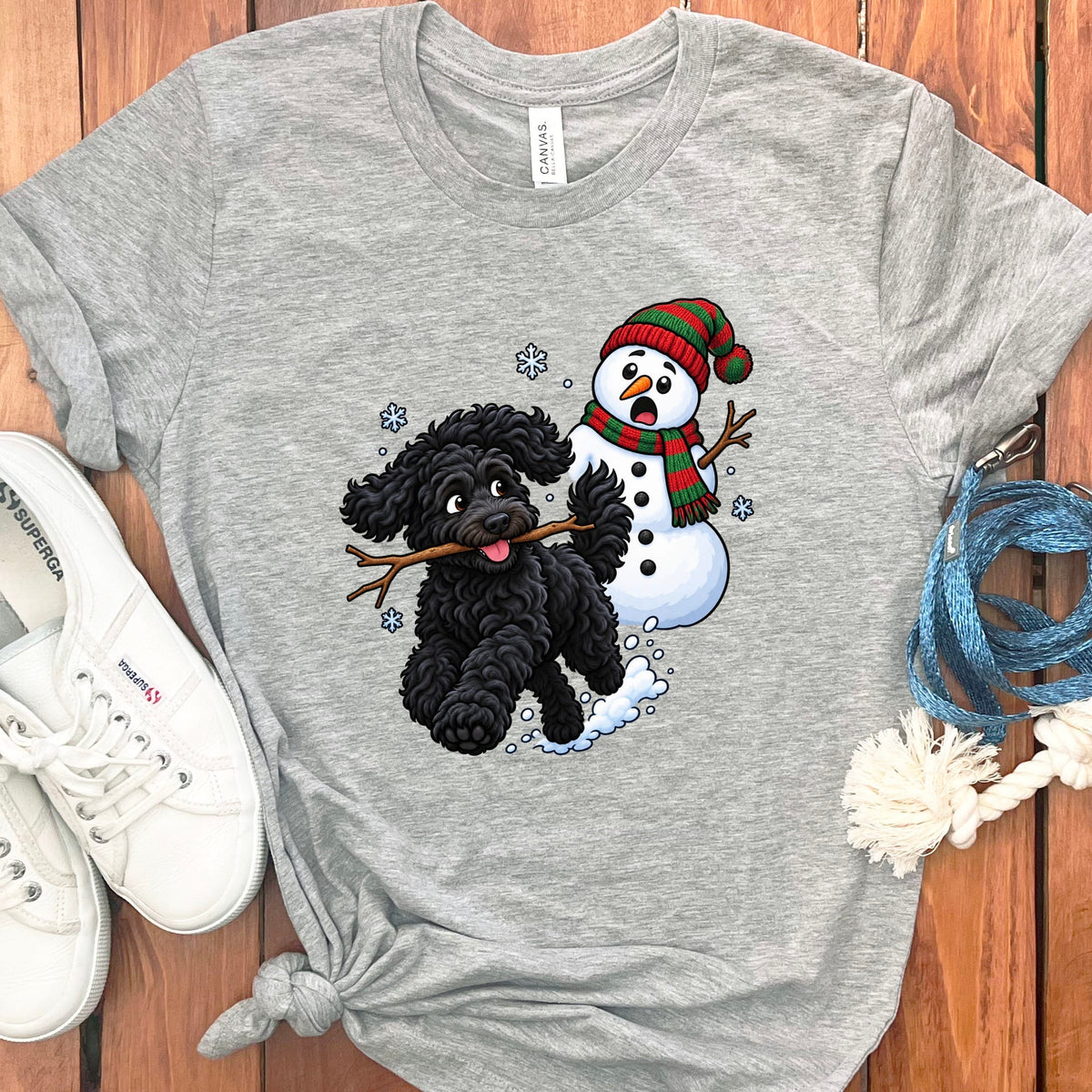 Black Goldendoodle Snowman T-Shirt in Athletic Heather / S by Puppy Jo