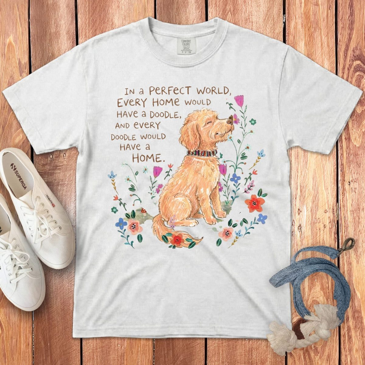 Perfect World Apricot Goldendoodle Signature T-Shirt in White / S by Puppy Jo