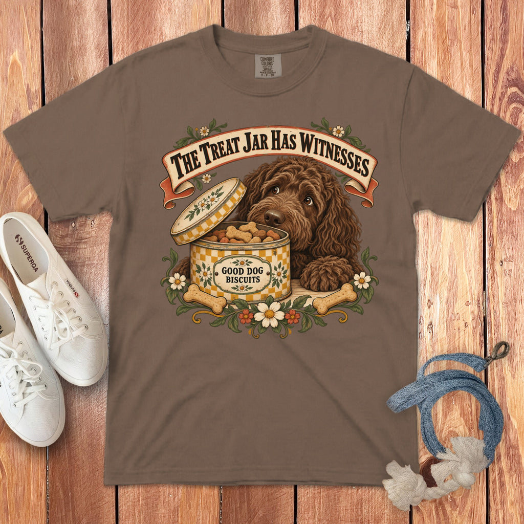 Brown t-shirt featuring a graphic of a brown dog beside an open treat jar.