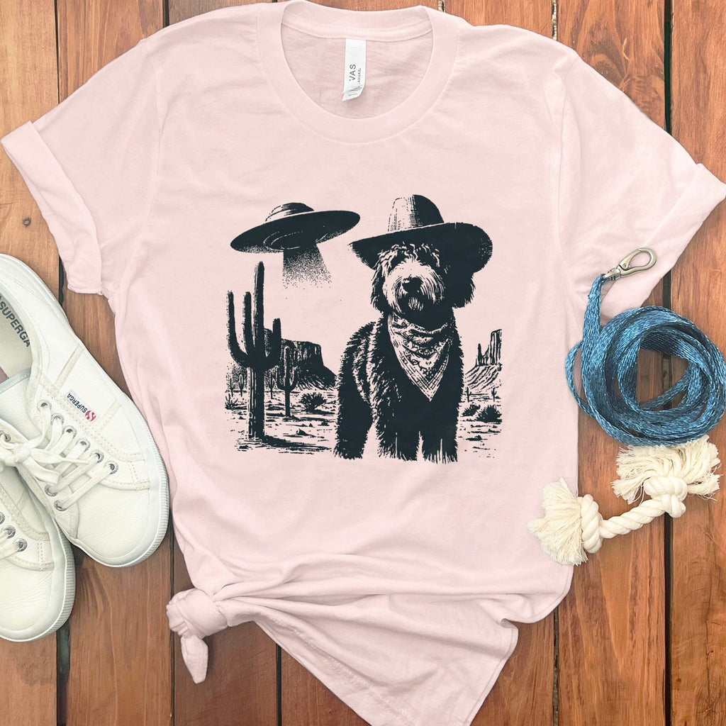 Alien Cowboy Dog Shirt with Western Desert Scene