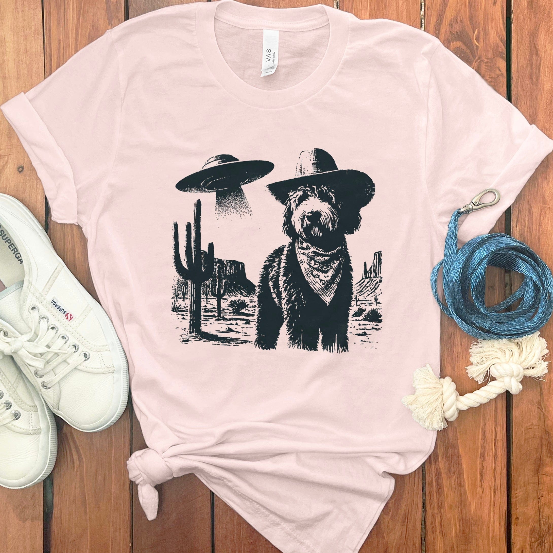 Alien Cowboy Dog Shirt with Western Desert Scene