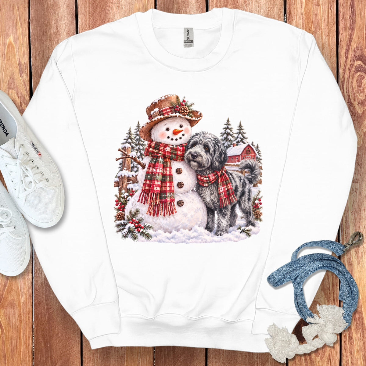 Merle Goldendoodle Christmas Snowman Sweatshirt in White / S by Puppy Jo