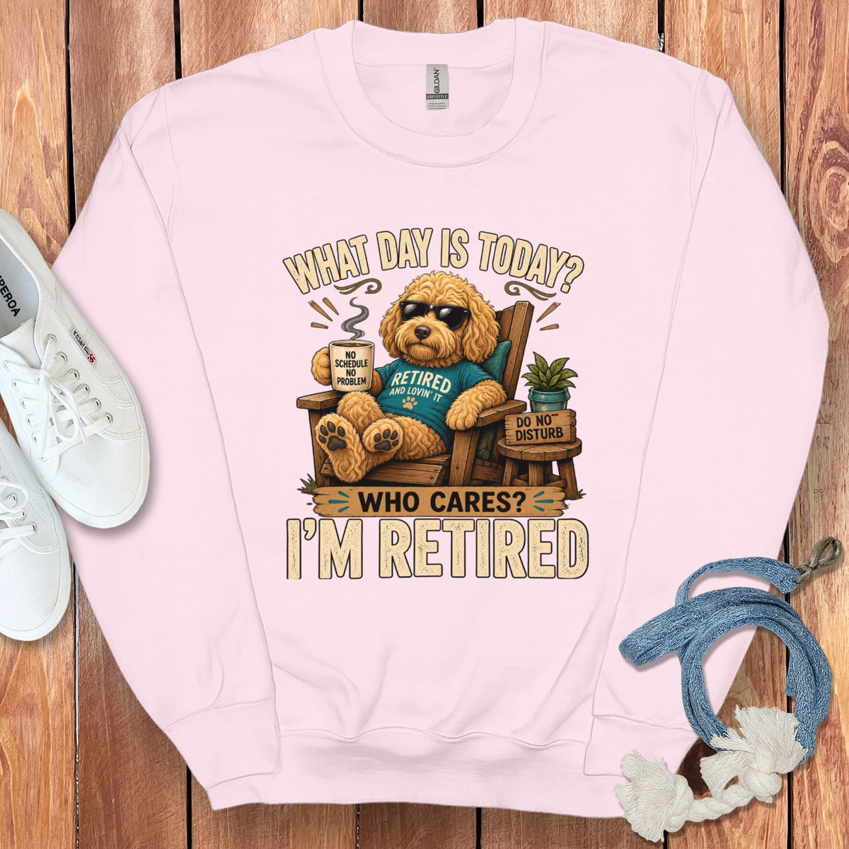 I'm Retired Golden Goldendoodle Sweatshirt in Light Pink / S by Puppy Jo