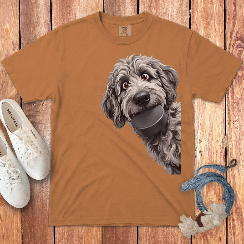 Merle Goldendoodle Hockey Puck Signature T-Shirt in Yam / S by Puppy Jo