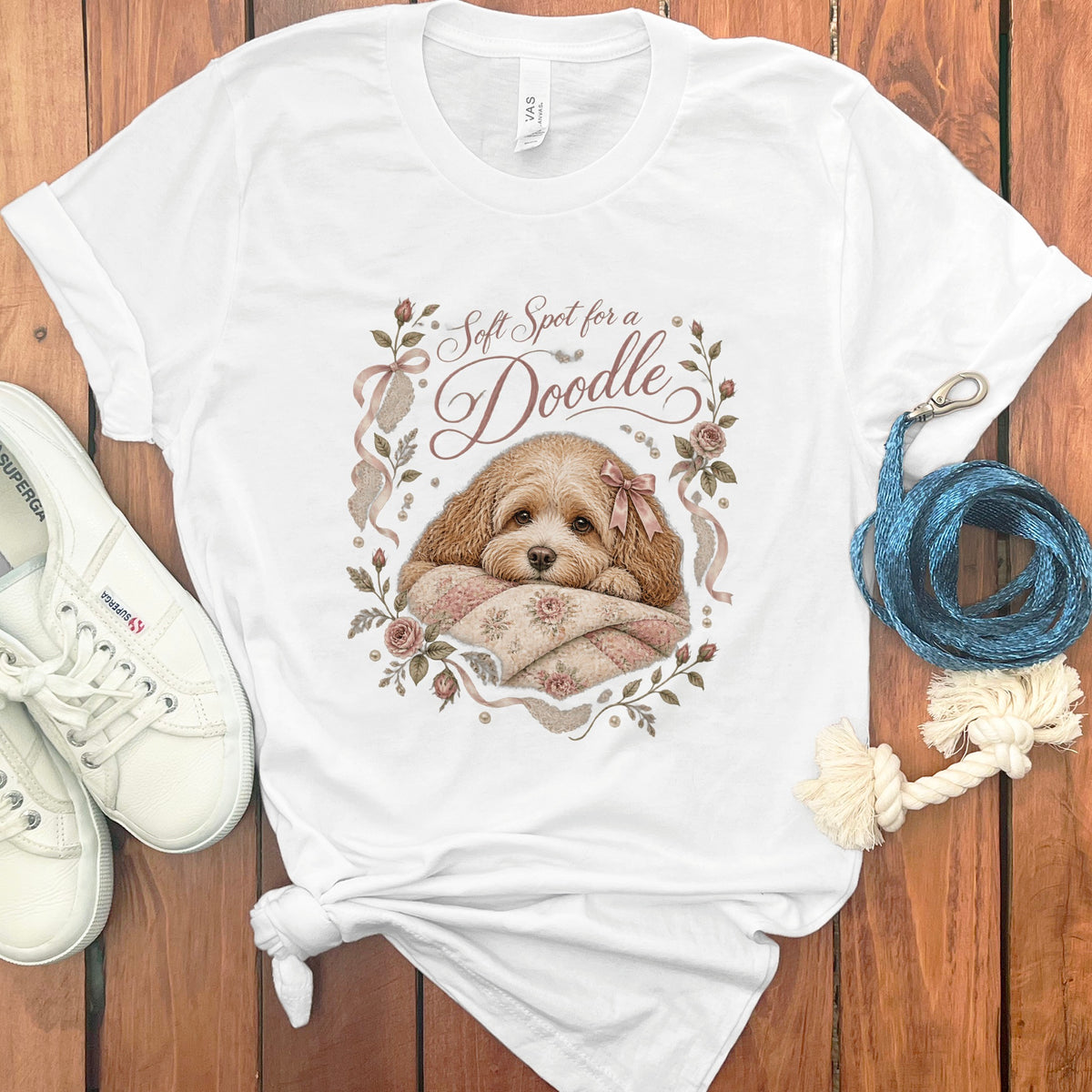 White t-shirt with watercolor doodle dog art and "Soft Spot for a Doodle" text.