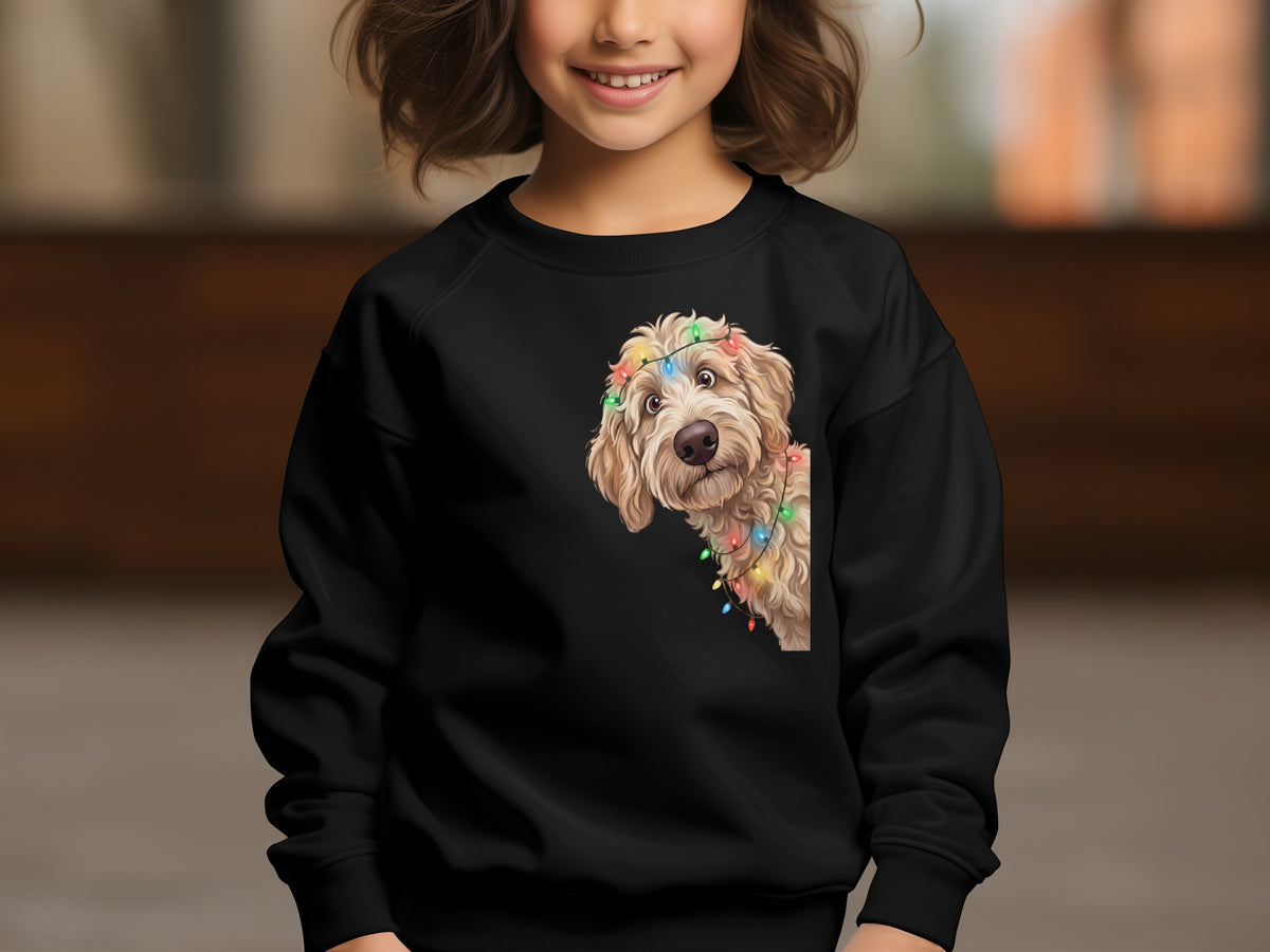Black sweatshirt with a dog wearing Christmas lights graphic on the chest.