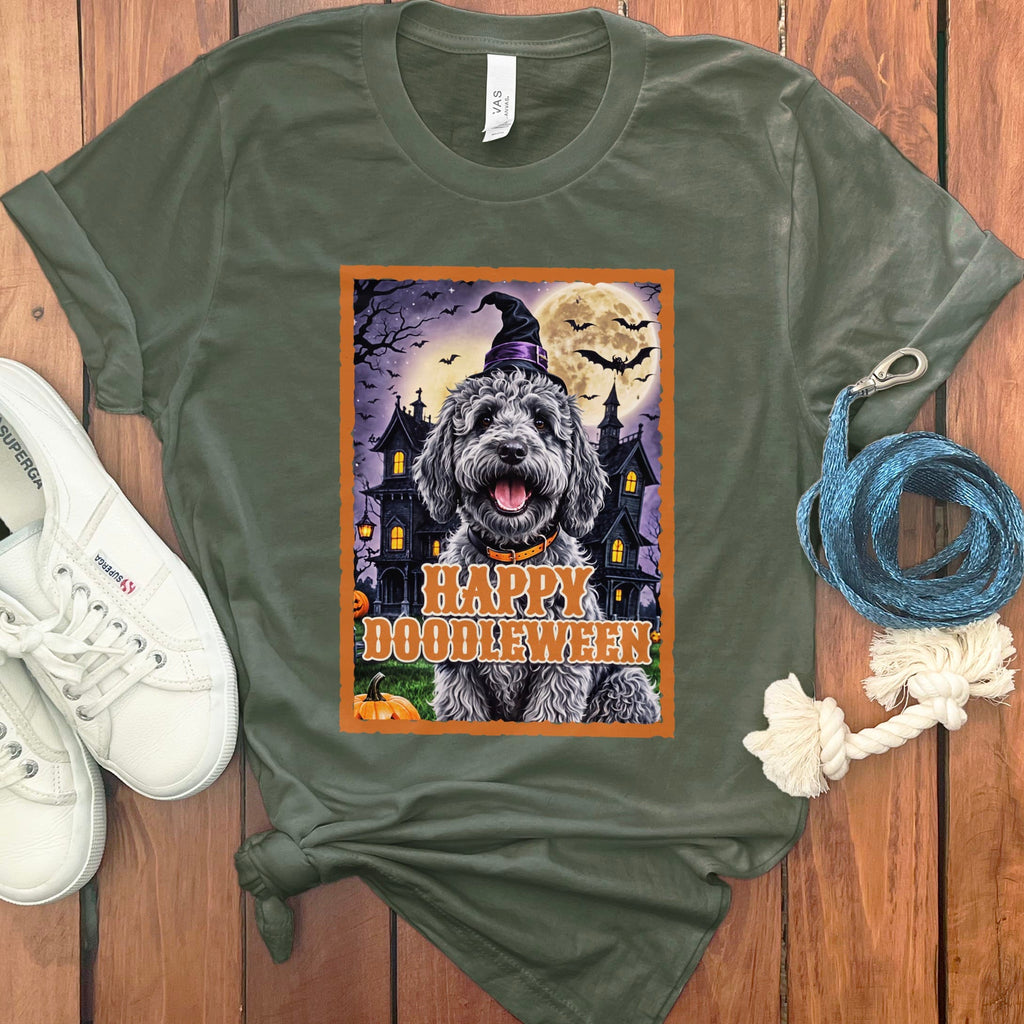 Merle Goldendoodle Happy Doodleween T-Shirt in Military Green / M by Puppy Jo