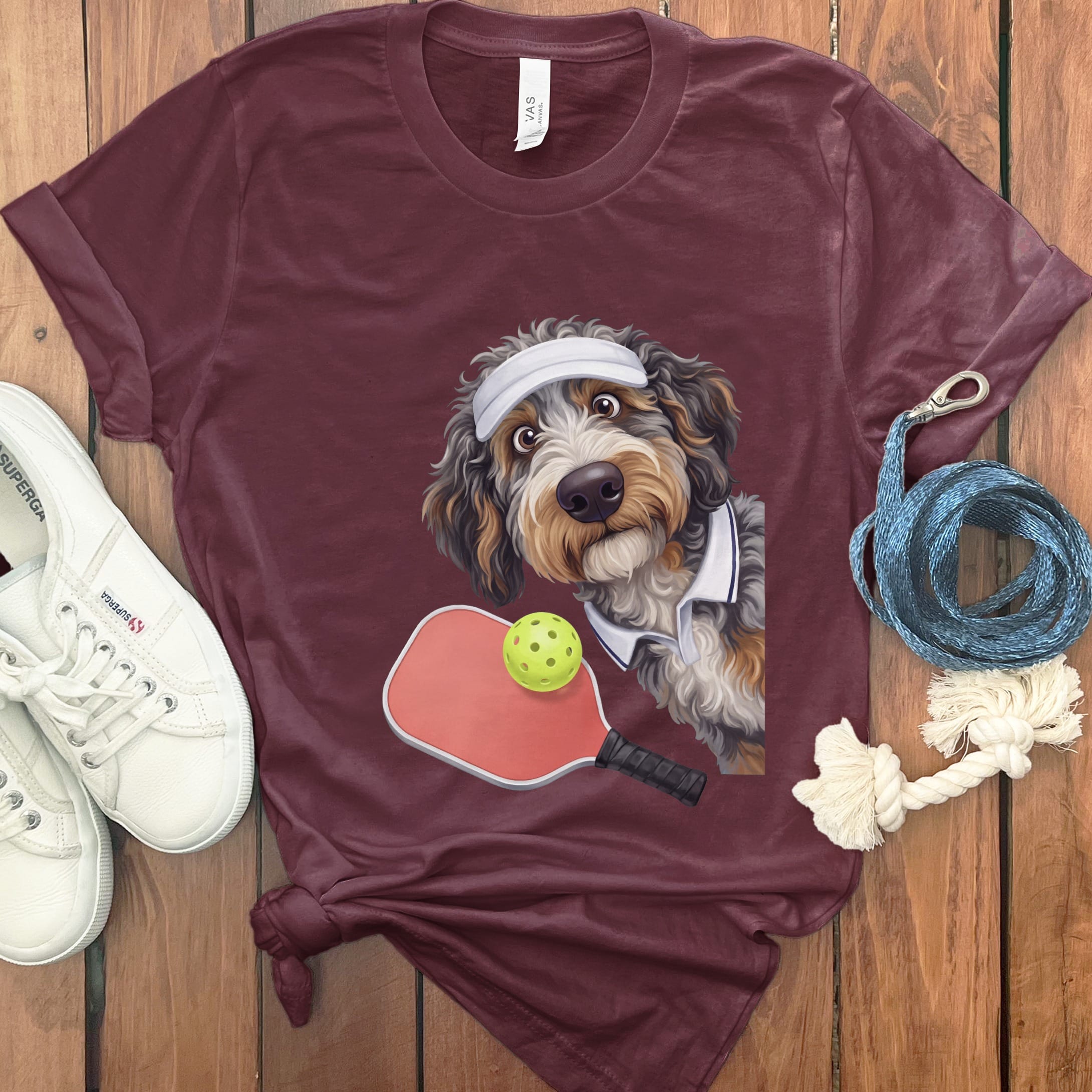 Aussiedoodle Pickleball Player T-Shirt in Maroon / S by Puppy Jo