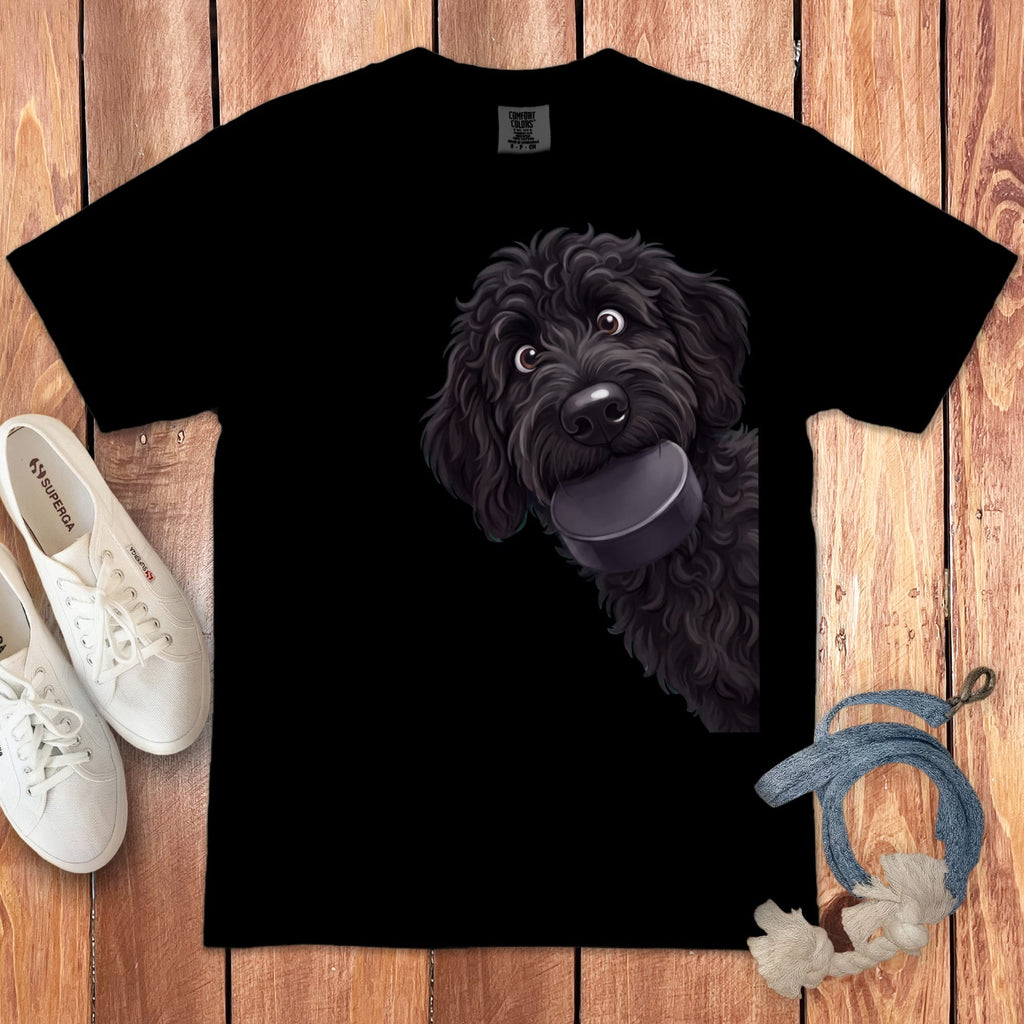 Black Goldendoodle Hockey Puck Signature T-Shirt in Black / S by Puppy Jo