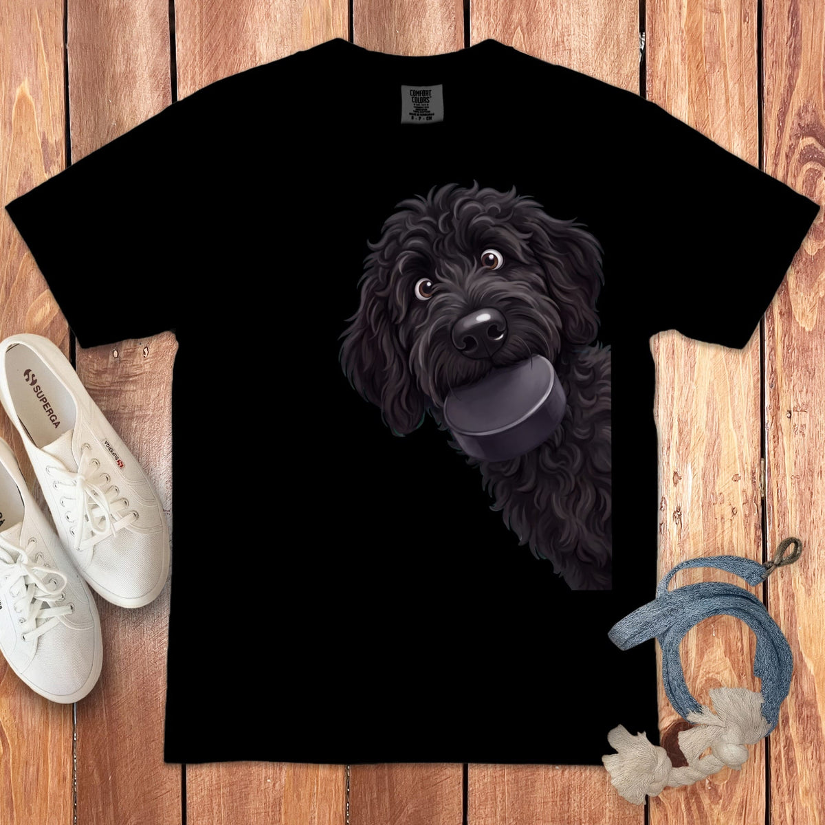 Black Goldendoodle Hockey Puck Signature T-Shirt in Black / S by Puppy Jo