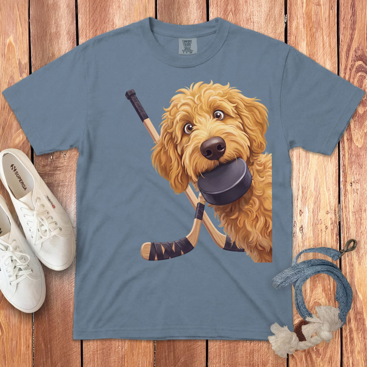 Golden Goldendoodle Hockey Signature T-Shirt in Blue Jean / S by Puppy Jo
