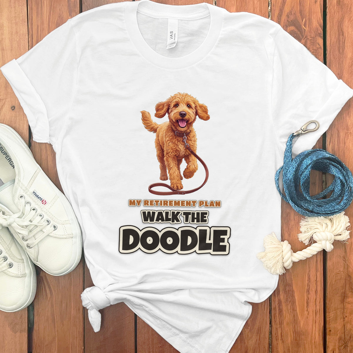 White t-shirt with a doodle dog graphic and text "MY RETIREMENT PLAN WALK THE DOODLE".