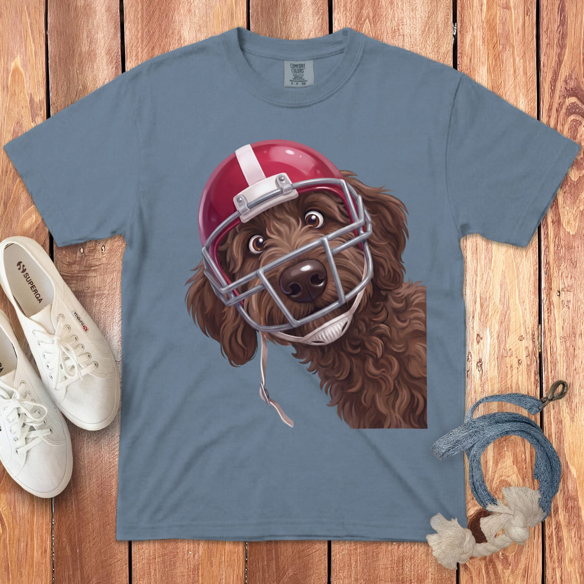 Chocolate Goldendoodle Football Helmet Signature T-Shirt in Blue Jean / S by Puppy Jo
