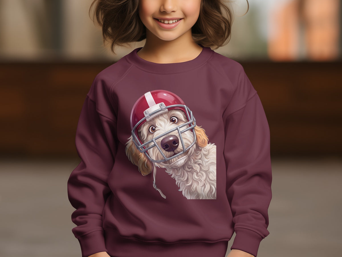 Maroon sweatshirt with a drawing of a fluffy dog wearing a red football helmet.