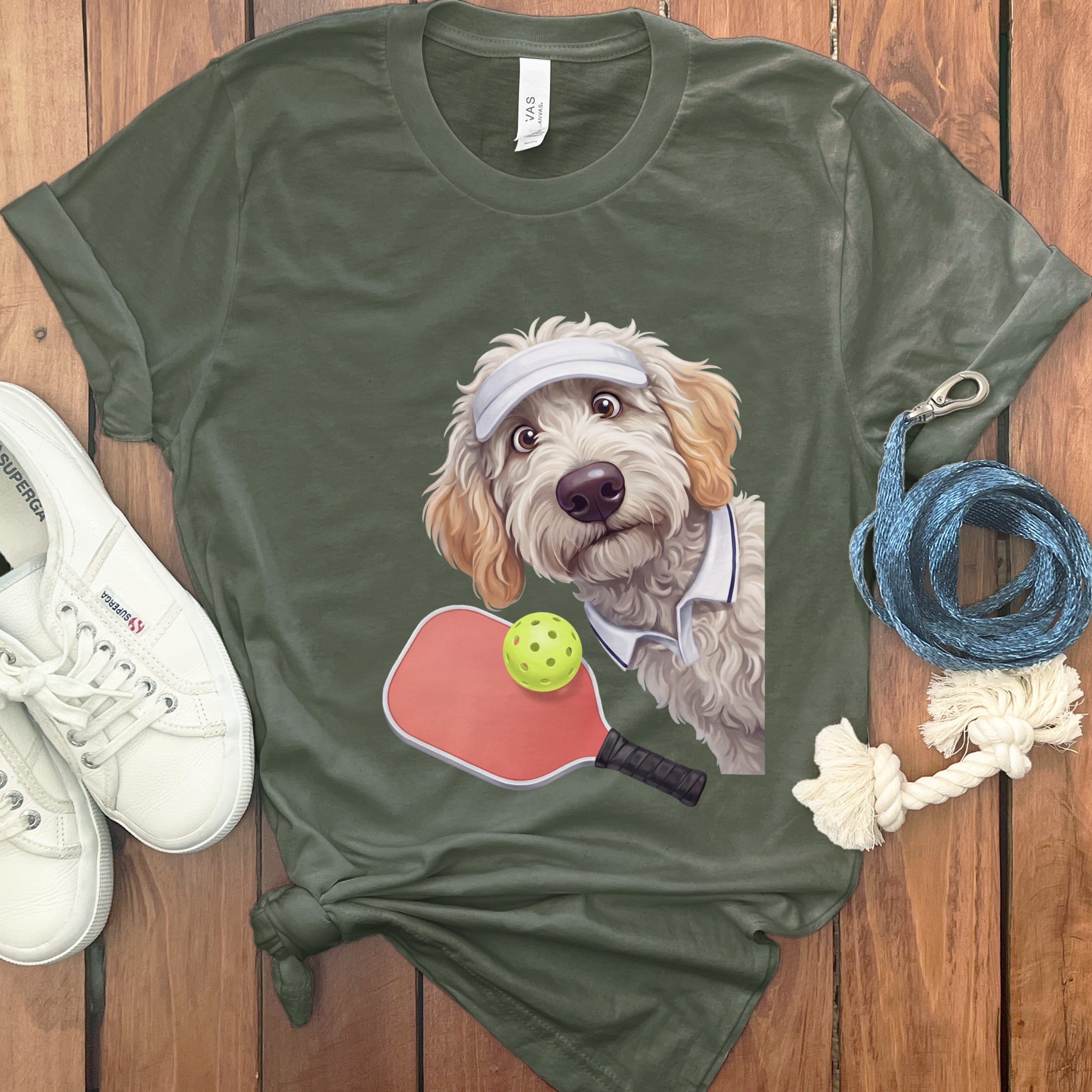 Maltipoo Pickleball Player T-Shirt in Military Green / S by Puppy Jo