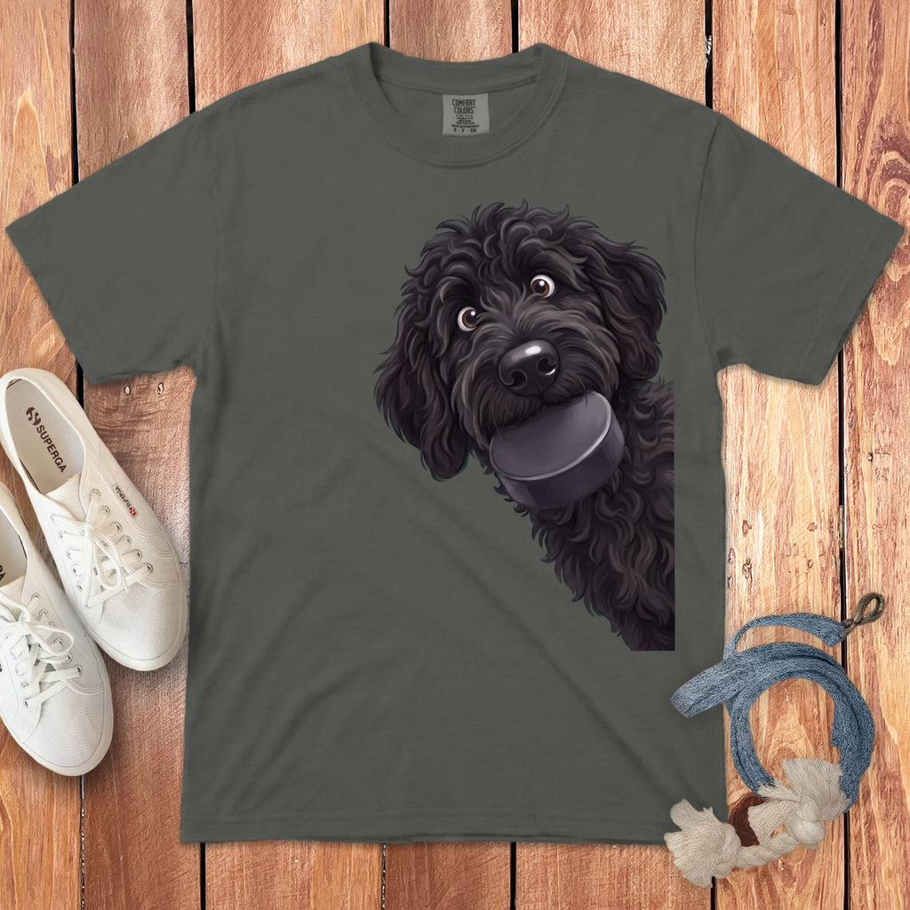 Black Goldendoodle Hockey Puck Signature T-Shirt in Pepper / S by Puppy Jo