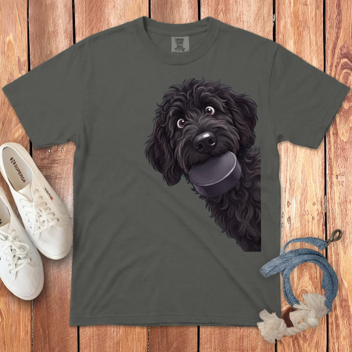 Black Goldendoodle Hockey Puck Signature T-Shirt in Pepper / S by Puppy Jo